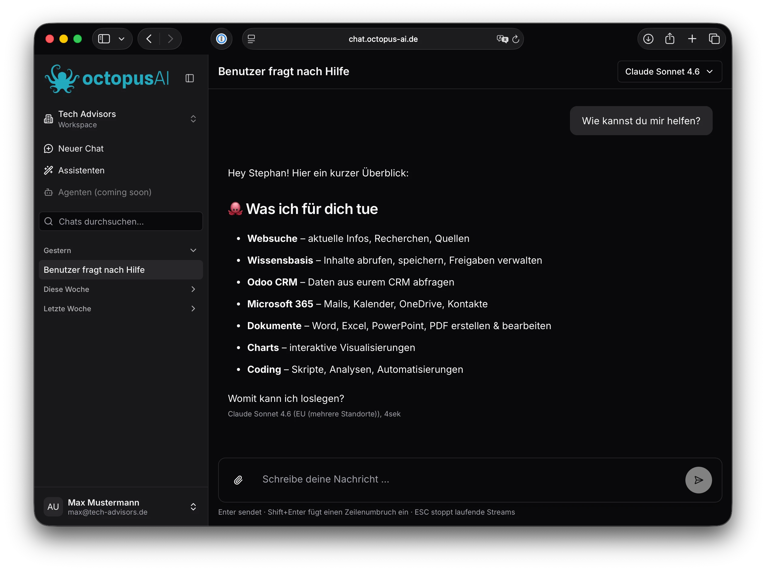 Octopus AI Chat-Oberfläche im Dark Mode