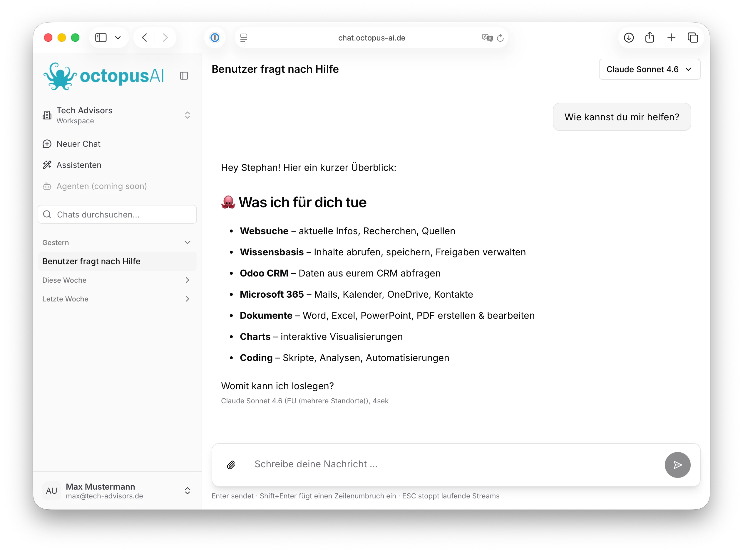 Octopus AI Chat-Oberfläche im Light Mode